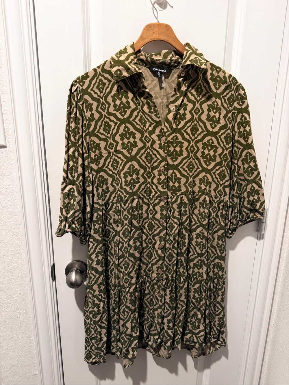 Olive Green Patterned Mini Shirt Dress
